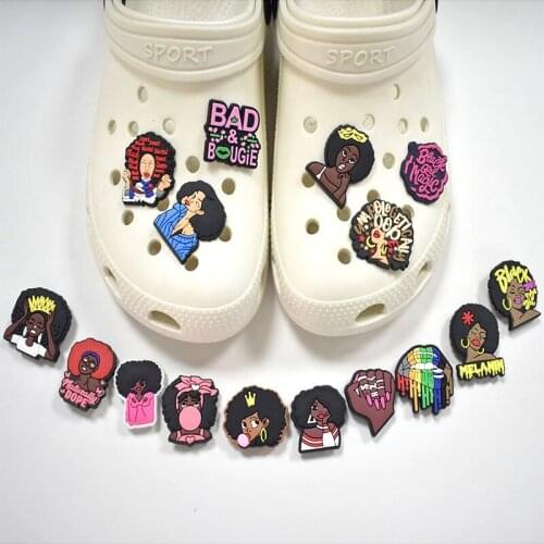 1pc Fashion Cartoon Black Girls Shoe Charms Buckles Decoration Fit Croc JIBZ Sandals Garden Shoe Accessories Kids Xmas Gifts
