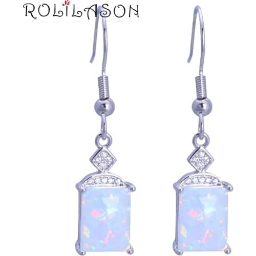 ROLILASON Exquisite gifts Special design White fire opal Silver Stamped Dangle Earrings fashion jewelry JE1160
