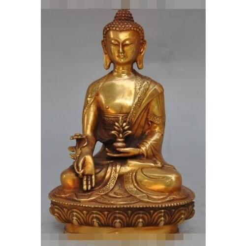 S01986 8" old tibet buddhism bronze gilt Herbs healing Medicine sakyamuni Buddha statue