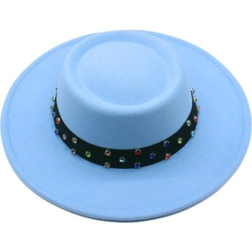 Simple autumn winter dome fedora hat female diamond ring flat top imitation wool top hat concave shape big eaves felt hat