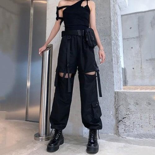 HOUZHOU Hip Hop High Wasit Cargo Pants Women Joggers Streetwear Hollow Out Black Buckle Track Pants Korean Gothic Loose Trousers