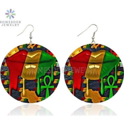 SOMESOOR Ankh AKA Lips Painted African Wooden Earrings Black Arts Drop Loops Vintage Photos Dangle Jewelry For Women Gift