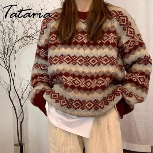 Vintage Geometric Print Sweaters for Women Autumn Winter 2021 O Neck Long Sleeve Knit Top Woman Classic Girls Plaid Sweater