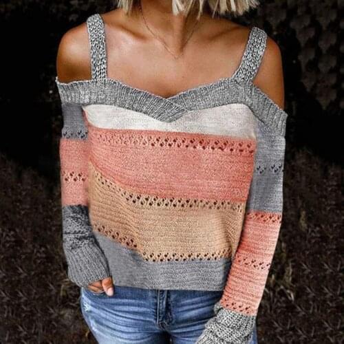 Women Autumn Winter Sexy Sweater Long Sleeve Cold Shoulder Knitted Sweater Strappy Pullover Plus Size Warm Clothes For Female