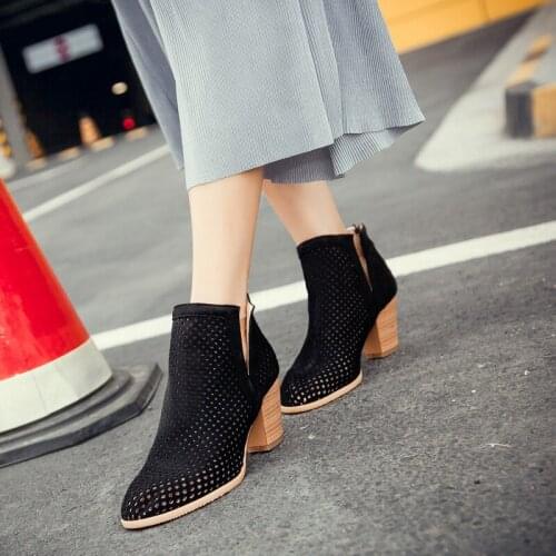 2020 NEW Retro Women high Heel Shoes Hollow Thick heel Summer bota feminina mujer Roman Zipper Ladies Ankle Boots Size 32-43