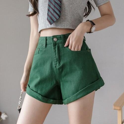 2021 New Women Summer Green Denim Shorts High Waist Casual A-line Short Jeans Pants Pockets Trousers