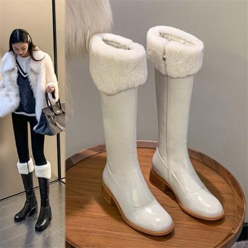 PXELENA Natural Genuine Leather Thick Fur Knee High Snow Boots Chunky Med Heels Zip Riding Knight Winter Warm Shoes 2021 Ladies