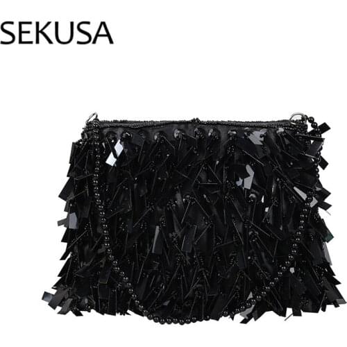 Tassel Sequined Women Evening Bags Zipper Small Soft Day Clutch Party Handbags Female Pocket Bags