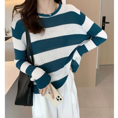 Striped sweater womens design sense niche fall 2021 new loose first love blouse small top COTTON Polyester