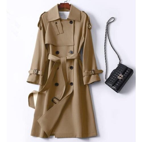 Autumn 2021 Elegant Mid-length Lapel Double-breasted Women Khaki Windbreaker With Sashes Black Female Casual Trench Coat Quality