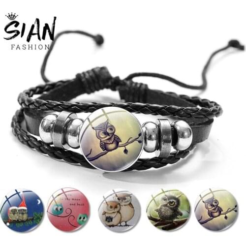 SIAN Cute Big-Eyed Owl Leather Bracelet Glass Dome Womens Bracelets Handmade Wristband Fashion Zinc Alloy Jewelry Accessories