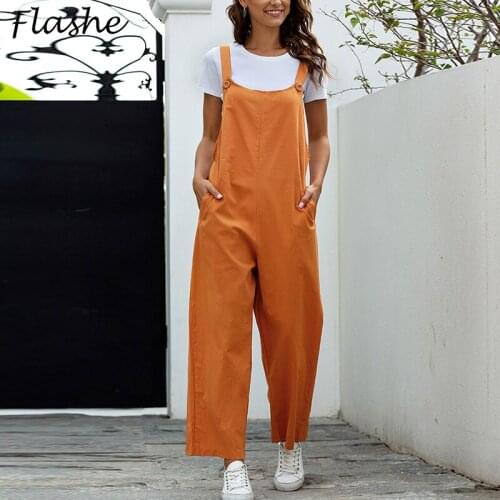 2021 Vintage Women Casual Loose Jumpsuit Summer Solid Color Strap Wide Leg Pants Dungaree Overalls Sleeveless Cotton Jumpsuits