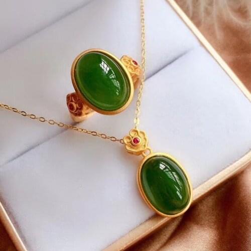 S925 Silver Green Jasper Jewelry Sets Ring and Pendant For Women Party Anniversary Fine Jewelry Real Green Jade gemstones #Q19