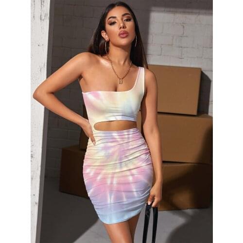 Giyu Brand Tie Dye Dresses Women Dizziness Bodycon Dress Colorful Halter Sleeveless Art Hollow out Dresses Womens Clothing