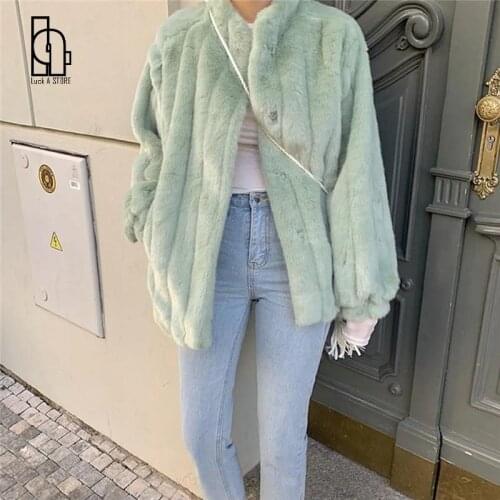 Harajuku Winter Faux Rabbit Fur Jackets Korean Style Chic Mandarin Collar Outerwear Casual Thick Soft Girls Overcoat Coat Female
