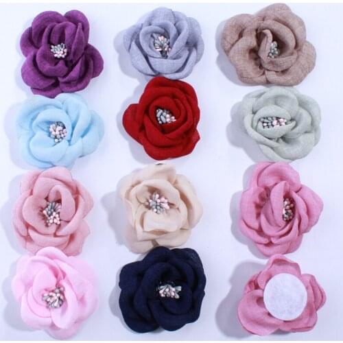 120PCS 5.5CM Gorgeous Burned Fabric Flowers For Hair Accessories Hemp Hair Flower With Tissue Stamen For Head Wear Dress