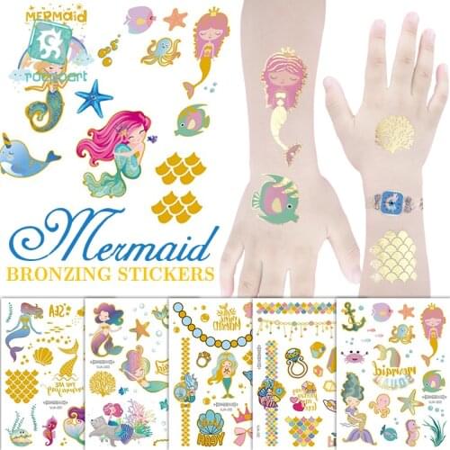 5Sheets/Lot Mermaid Tattoo Set Child Temporary Tattoo Sticker Body Tatoo for Kids Cute Metallic Flash Gold Tattoo