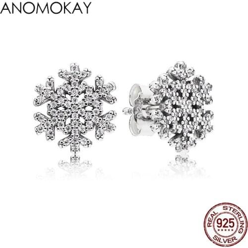 Anomokay New Design 100% Sterling 925 Silver Dazzling CZ Snowflake Stud Earrings for Girl Women Brincos Gift Fine Jewelry Bijoux