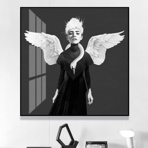 Black white wings girl canvas painting modern abstract wall poster art for living room home decor Wholesale Canvas Art