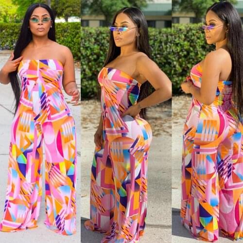 Echoine Summer Strapless Wide Leg Print Jumpsuit Women Summer Flare Pants Elegant Sexy Backless Rompers Ladies One Piece Outfits