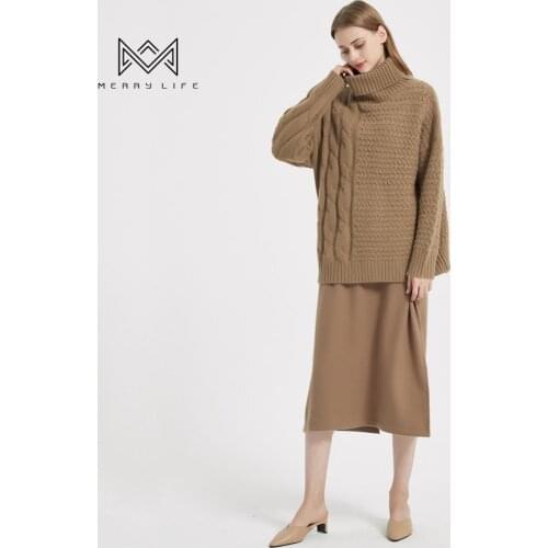 MERRYLIFE Women Cable Knit Turtleneck High Collar Pullover And Long Sleeveless Knitted Dress Sets Loose Style Sweater Suits