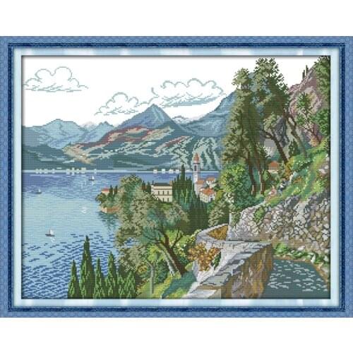 With lake and hills counted printed on the canvas 11CT 14CT DIY kit wholesale Cross Stitch embroidery needlework Sets