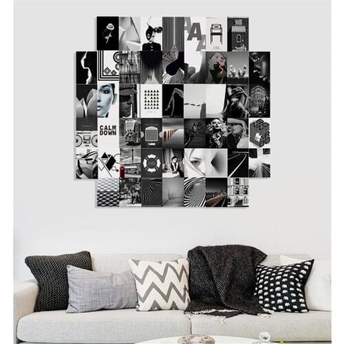 50Pcs Black and White Shadow Artistic Picture Wall Collage Set Aesthetic Character Geometric Architecture Postcard Wall Decor