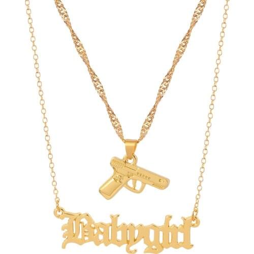 Punk Gold Color Charm Pendant Necklace Hip hop Gun Shape Babygirl Letter Chain Necklaces Gifts For Women Men Accessories Jewelry