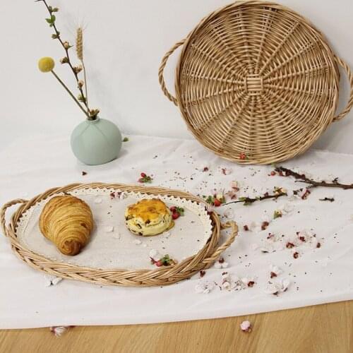Handwoven Rattan Food Plate Kitchen Storage Wicker BreadBasket Dessert Cake Platter Dinner Serving Tray Round Ellipse Tea Trays