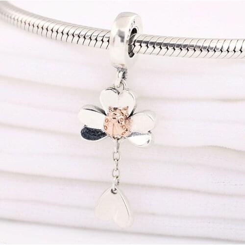 S925 Pendant DIY Jewelry Clover & Ladybird Dangle Charm fit Lady Bracelet Bangle Red Enamel Bead