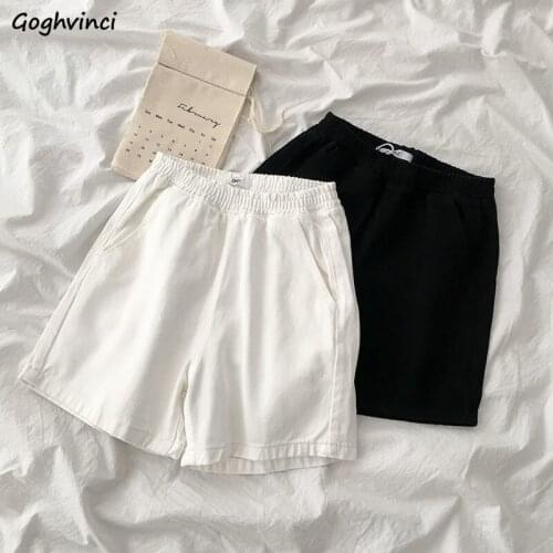 Women Shorts Solid Elastic Waist Elegant Wide Leg Trousers Straight Empire Korean Style Summer Female All-match Trendy Pockets