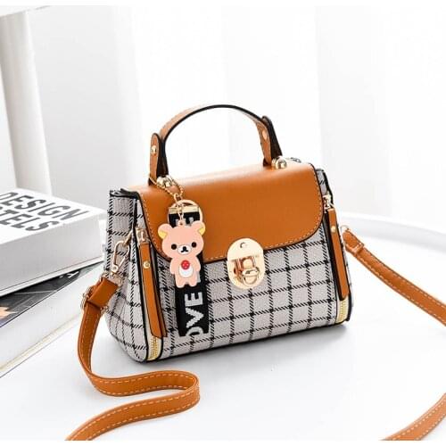 2021 Women Handbag Grid Female Shoulder Bags Cartoon Decoration PU Tote Plaid Girls' Gift Purse Handbag for Womens Casual Wallet