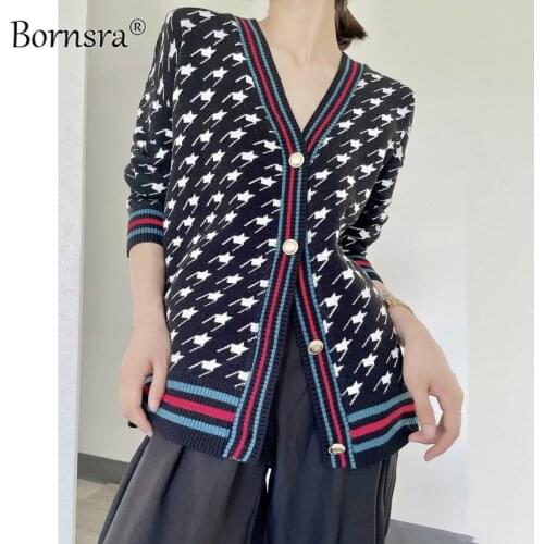 Bornsra Sweater Women Cardigan 2021 Autumn Winter Houndstooth Loose Long-sleeved Sweater Coat Women Oversized Cardigan