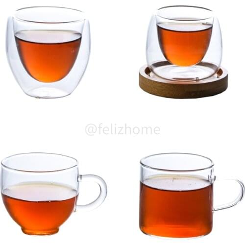 Heat-resistant glass tea cup Pu'er black tea Kungfu tea set small tea cup transparent double insulation tea cup wooden holder