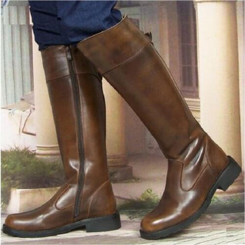 Spring Autumn Men Full Grain Leather High Equestrian Boots Winter Male Zip Plush Long Knight Booties Lace-Up Military Boots 1911