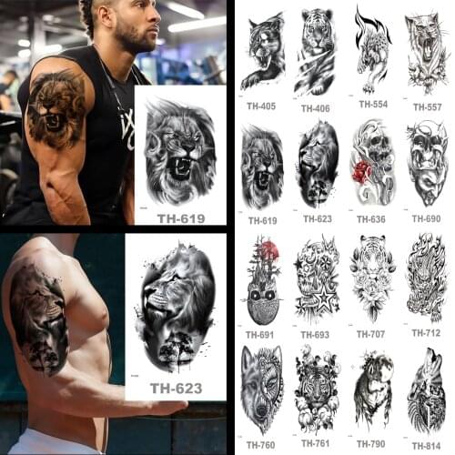 Temporary Tattoo Sticker Black Large Size Skull Lion Tiger Leopard Wolf Body Art Tattoo Fashion Men Women Chest Arm Tattoo Girl