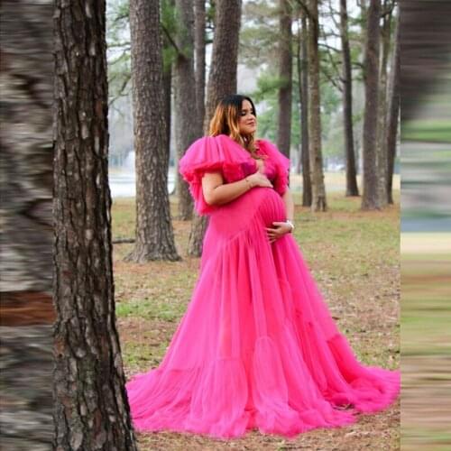 Hot Pink Maternity Dresses Short Sleeves Tiered Fuchsia Maternity Robes Pregnancy Dress Photo Shoot Tulle Dress Plus Size Gowns
