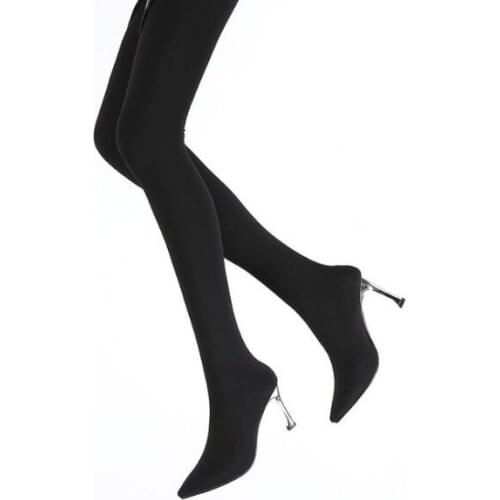 Hot Spring New Brand Woman Black Gray Burgundy Brown 8 cm Thin Heels Elastic Pointed Toe Sexy Pantyhose boots Big Size 43 Lady