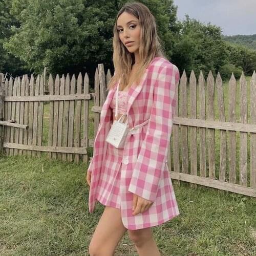 2021 Women High Quality Sweet Girly Style Pink Plaid Blazer And Skirt Suit Female Vintage Pleated Skirt High Street Style Suit