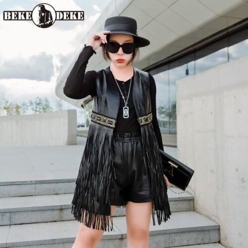 Punk Style Women Long Tassels Sleeveless Sheepskin Genuine Leather Vest Slim Fit Lady Diamonds Waistcoat Plus Size 4XL Vests Top