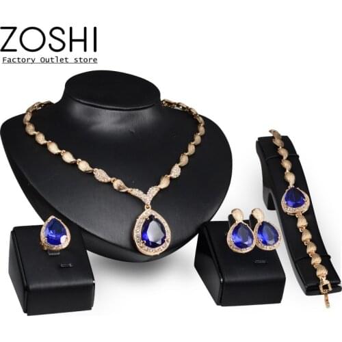 Blue CZ Crystal Womens Jewelry Set Wedding Party Water drop Necklace Earrings Bracelet Ring High Quality Indian Gold JewelrySet