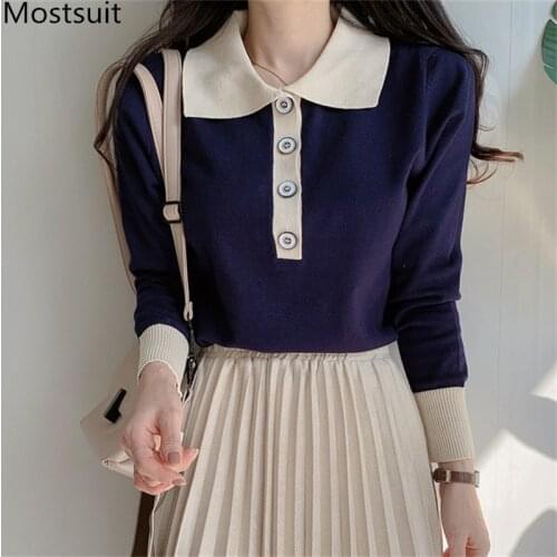 Casual Korean Striped Pullover Jumpers Women 2021 Spring Turn-down Collar Long Sleeve Buttons Sweaters Fashion Female Tops