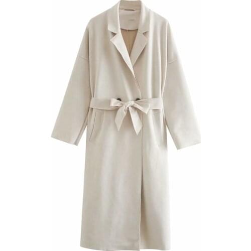 MESTTRAF Women 2021 Fashion With Belt Faux Suede Trench Coat Vintage Long Sleeve Side Pockets Female Outerwear Streetwear