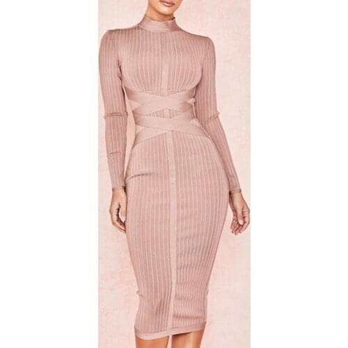 2020 Sexy Womens Bandage Dress Winter Turtleneck Slim Long Sleeve Tight Dress Nude Club Celebrity Party Dress Vestidos