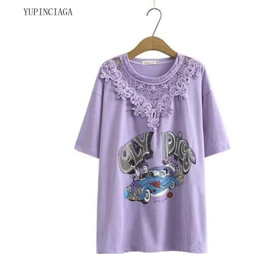 2021 Summer Women T-Shirt Oversize Cartoon Print O-Neck Short Sleeve Harajuku Splicing Lace Collar Short Sleeve Tops Base Tees
