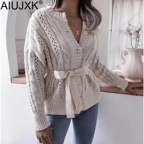 AIUJXK Korean Fashion Twisted Knitted Cardigan Women Waist Bandage Sweater Coat 2021 Fall Winter Knitwear Single Breasted Tops