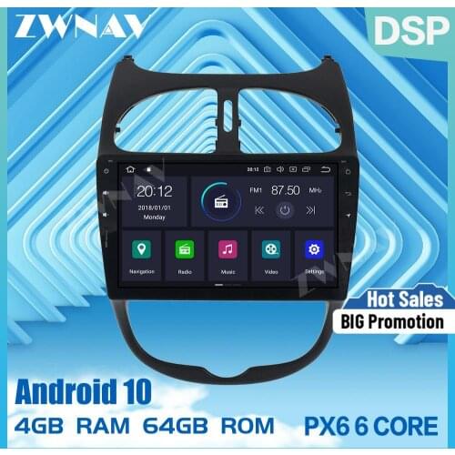 PX6 4G+64G Android 10.0 Car DVD Stereo Multimedia For Peugeot 206 2000-2016 Radio GPS Navi Audio Video stereo head unit free map