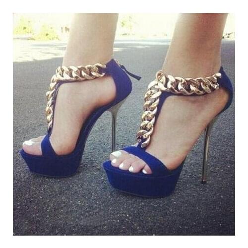 Black Blue Red Open Toe Gold Chains T-strap High Platform Summer Zipper Back Suede Leather Thin Heels Sandals Dress Shoes