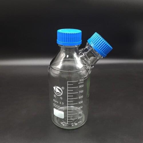 Reagent bottle,With 2 blue screw covers,Borosilicate glass 3.3,Capacity 1000ml,Graduation Sample Vials Plastic Lid with 2 necks
