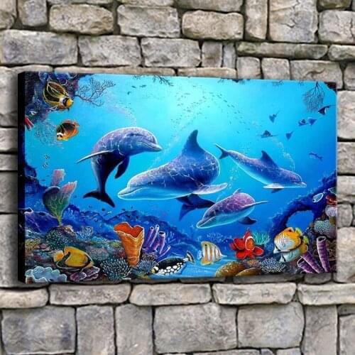 Canvas Pictures Home Decor 1 Piece Blue Ocean Dolphins Painting Prints Underwater Sea Fish Coral Reefs Poster Bedroom Wall Art